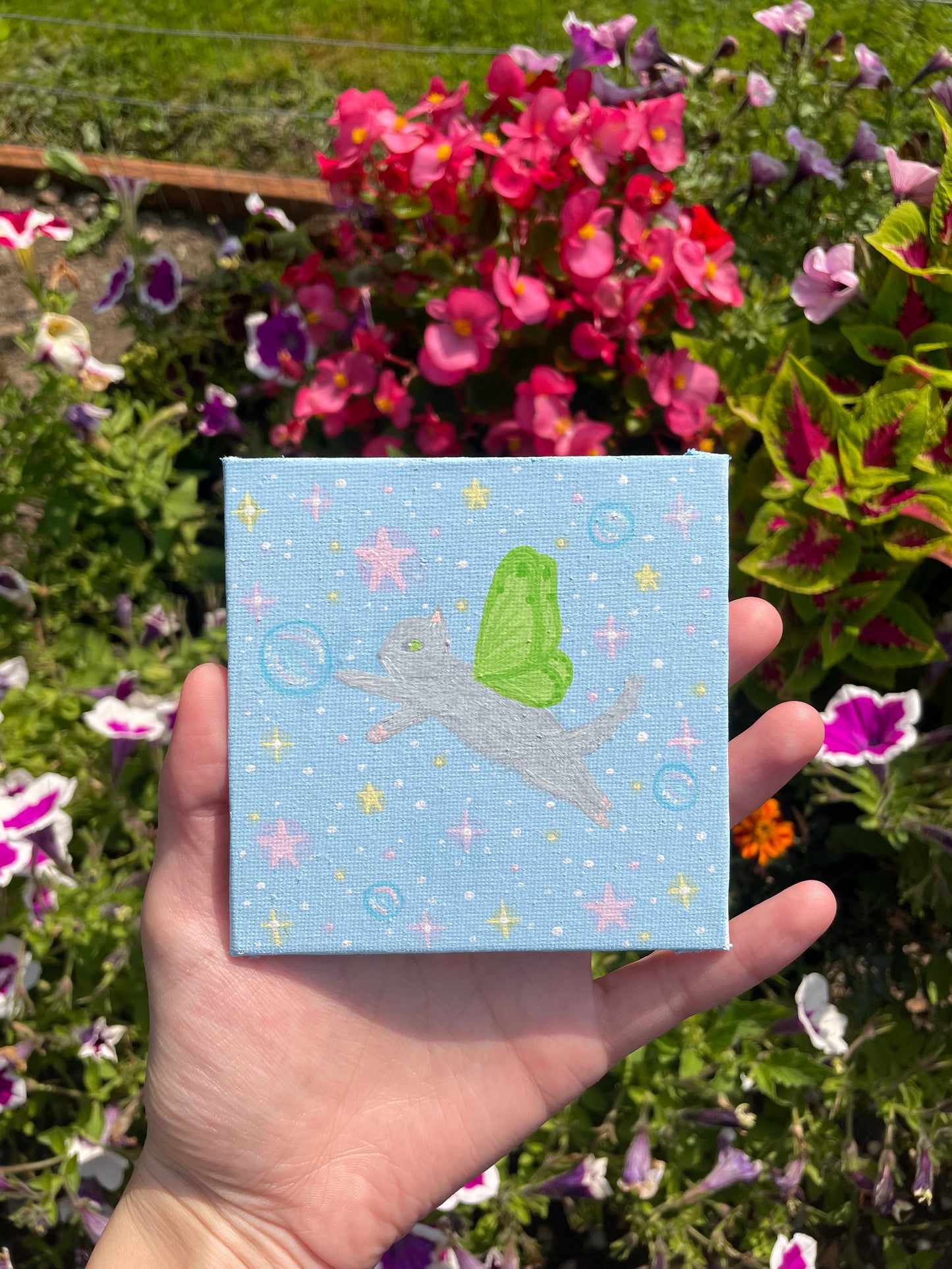 Mini cat fairy painting original -green