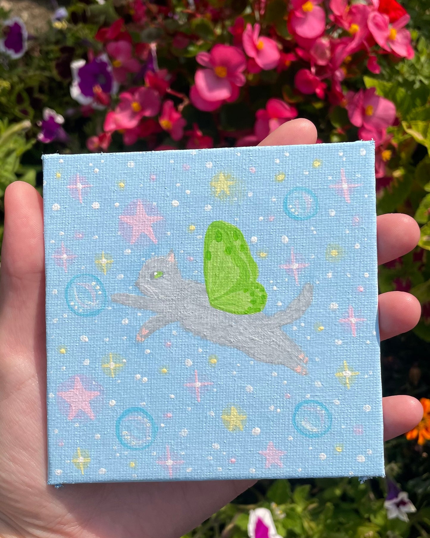 Mini cat fairy painting original -green