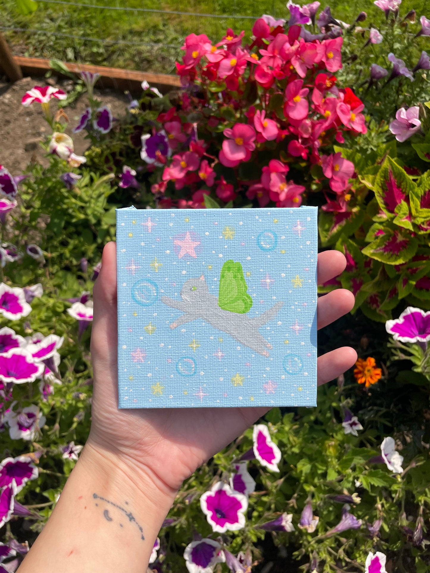 Mini cat fairy painting original -green