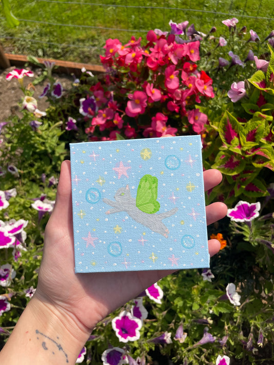 Mini cat fairy painting original -green